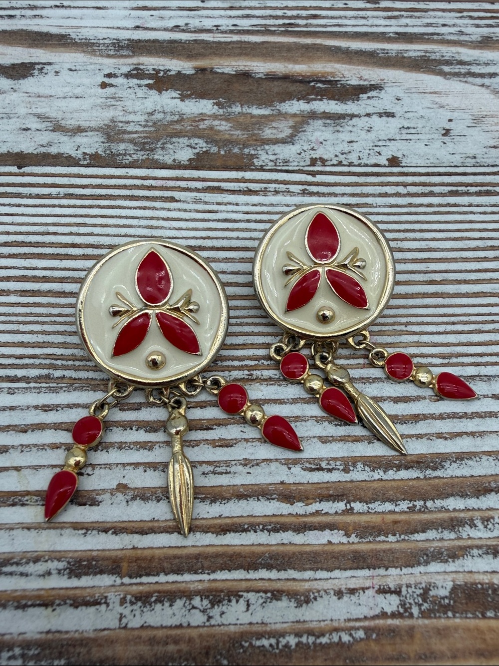 Gold-Tone Red & Cream Floral Dangle Earrings